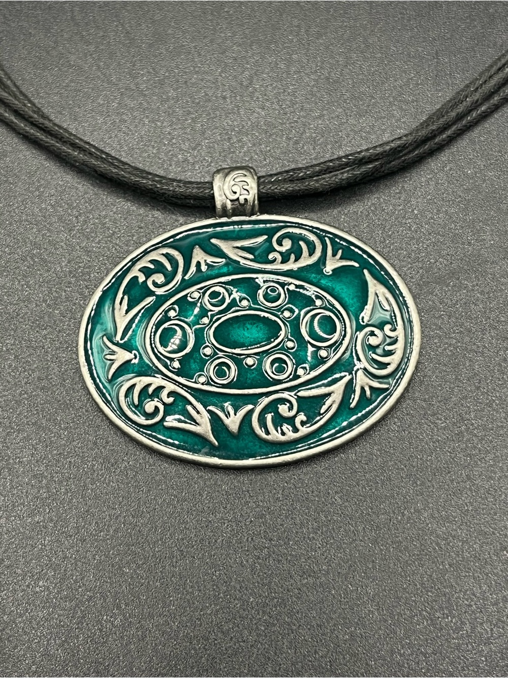 Retro Teal Enamel Pendant Corded Necklace